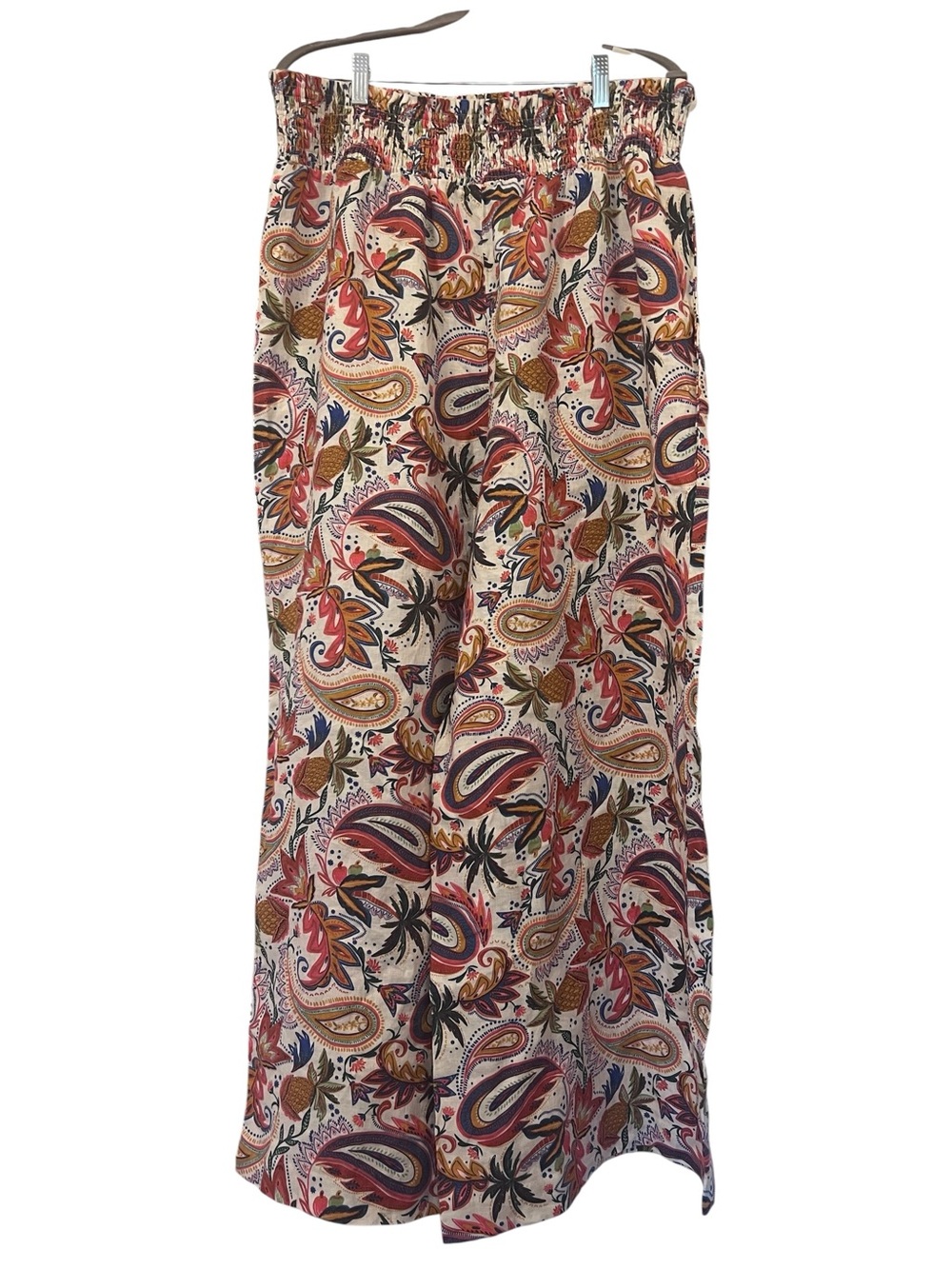 Boden Wide-Leg Linen Pants Summer Paisley White Orange Multi Size 14 - Picture 3 of 7
